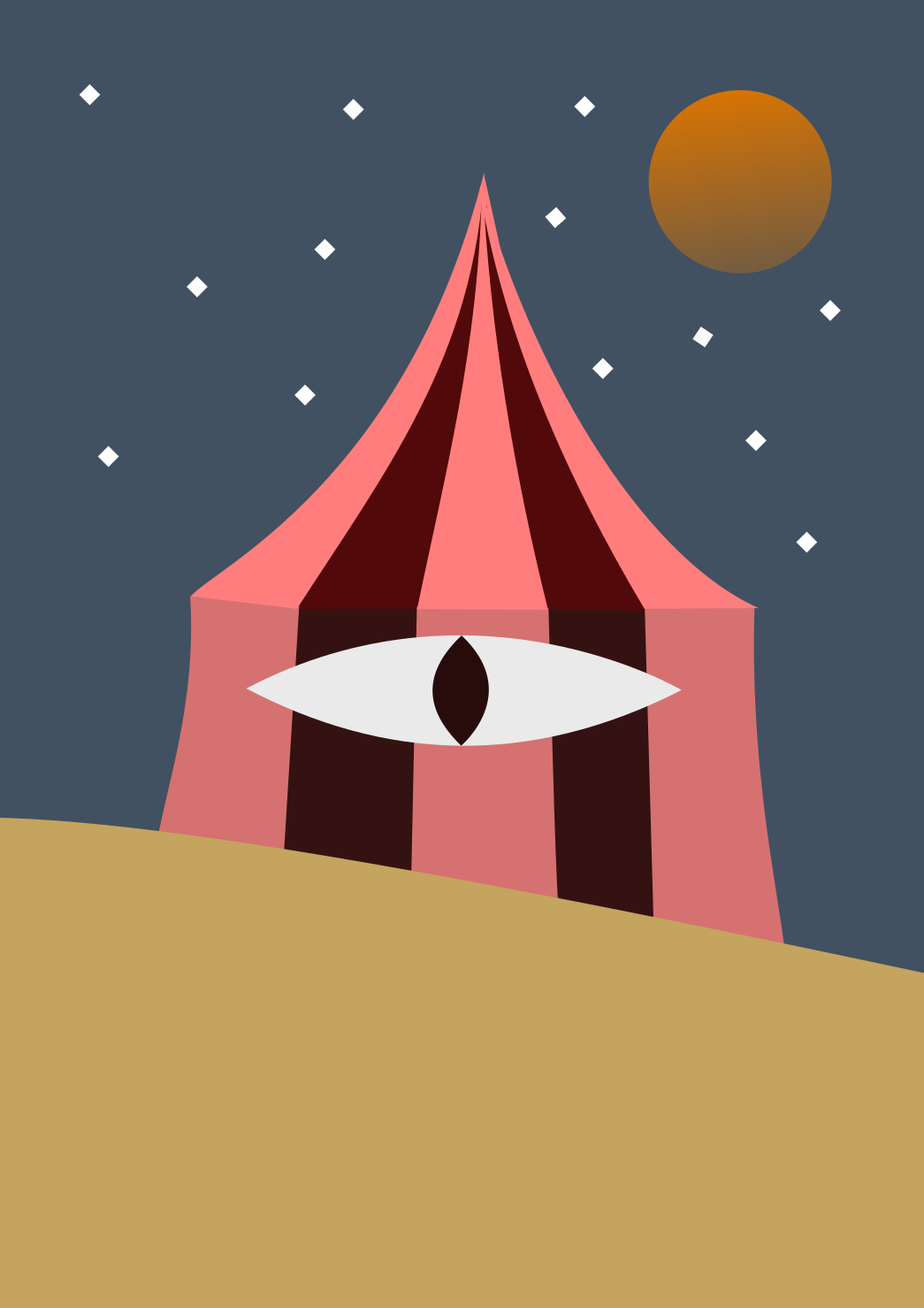 The poster for the play 'Don Fox And The Arcane Circus', A circus tent with an eye, in the desert, with the stars and moon in the sky.